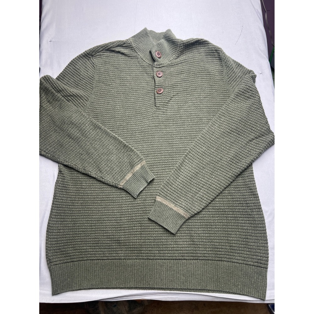 GH Bass & Co Mens Large Olive Green Waffle Knit Mock Neck Button Sweater